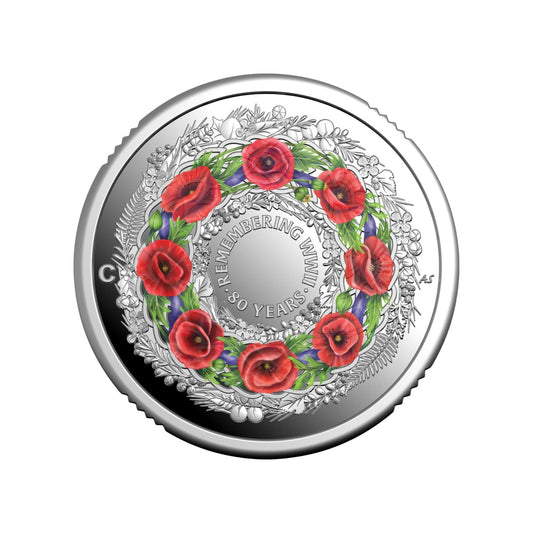 2025 80th Anniversary of WWII $2 Red Poppy Wreath Mintmark Coloured Fine Silver Proof Coin