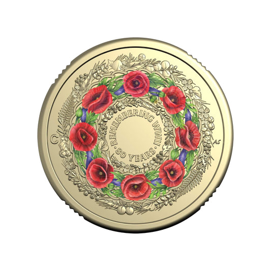 2025 80th Anniversary of WWII $2 Red Poppy Wreath Mintmark Coloured Uncirculated Coin