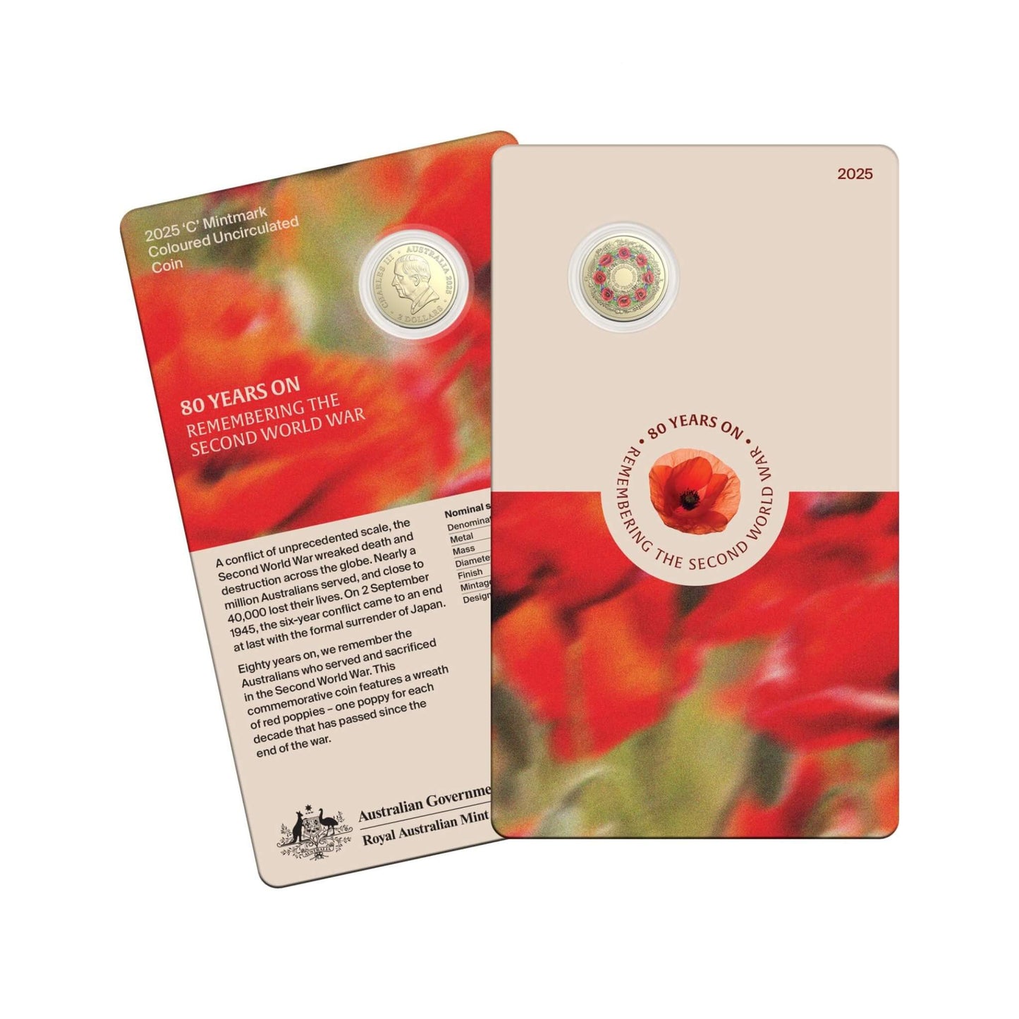 2025 80th Anniversary of WWII $2 Red Poppy Wreath Mintmark Uncirculated Coloured Coin