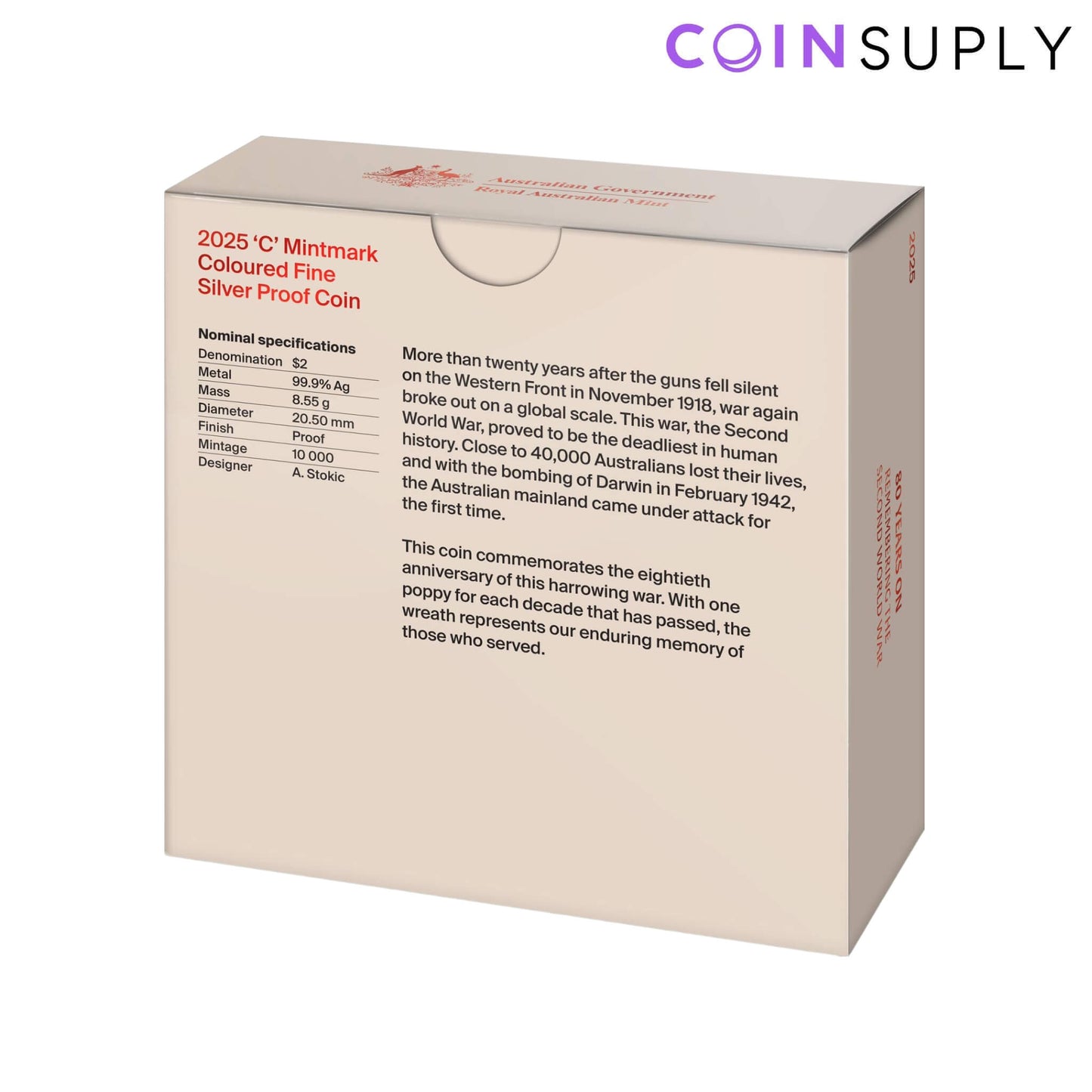 2025 80th Anniversary of WWII $2 Red Poppy Wreath Mintmark Coloured Fine Silver Proof Coin