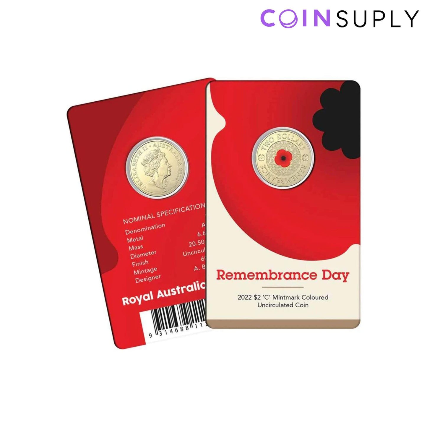 $2 2022 Remembrance Day Red Poppy 'C' Mintmark Uncirculated Coin