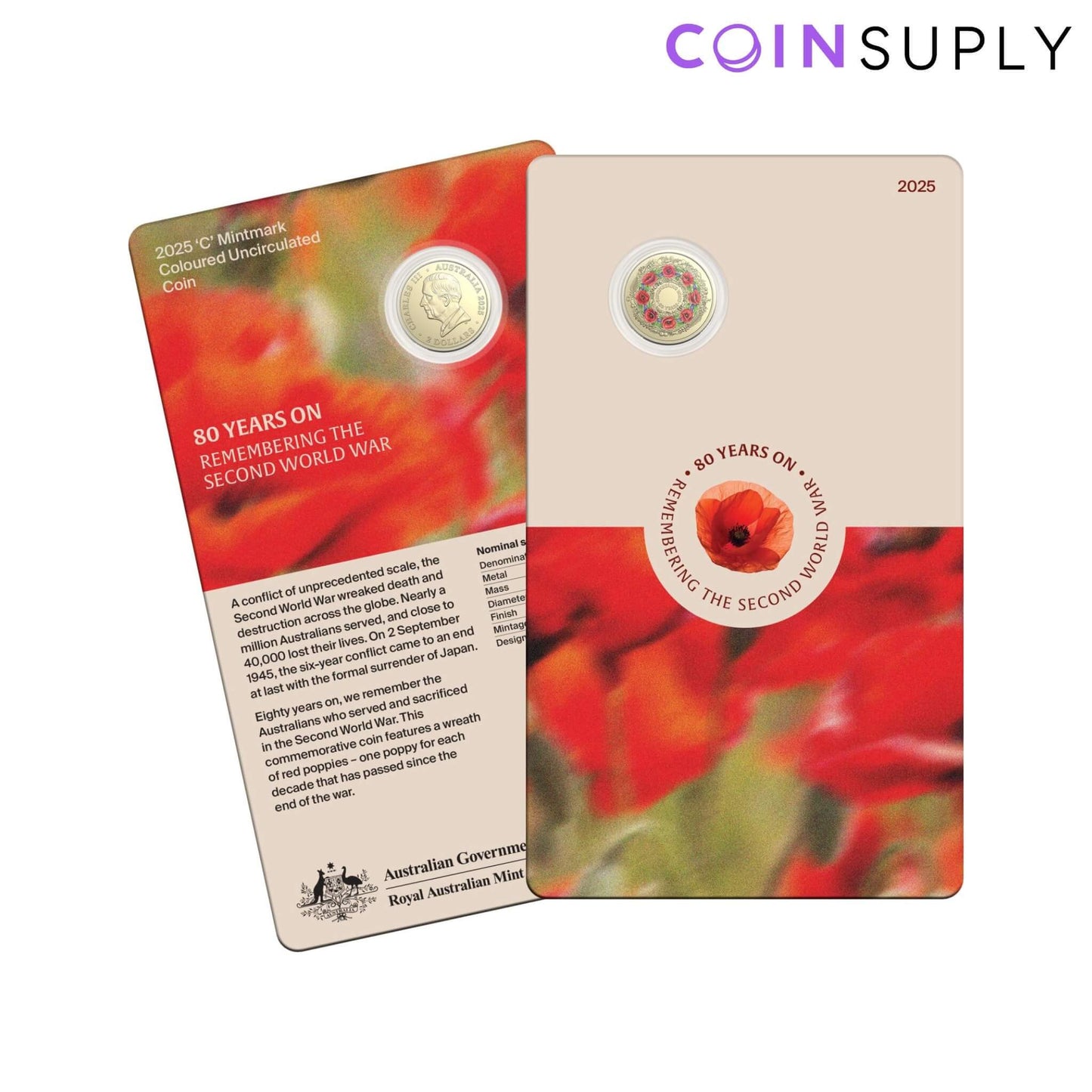 2025 80th Anniversary of WWII $2 Red Poppy Wreath Mintmark Coloured Uncirculated Coin
